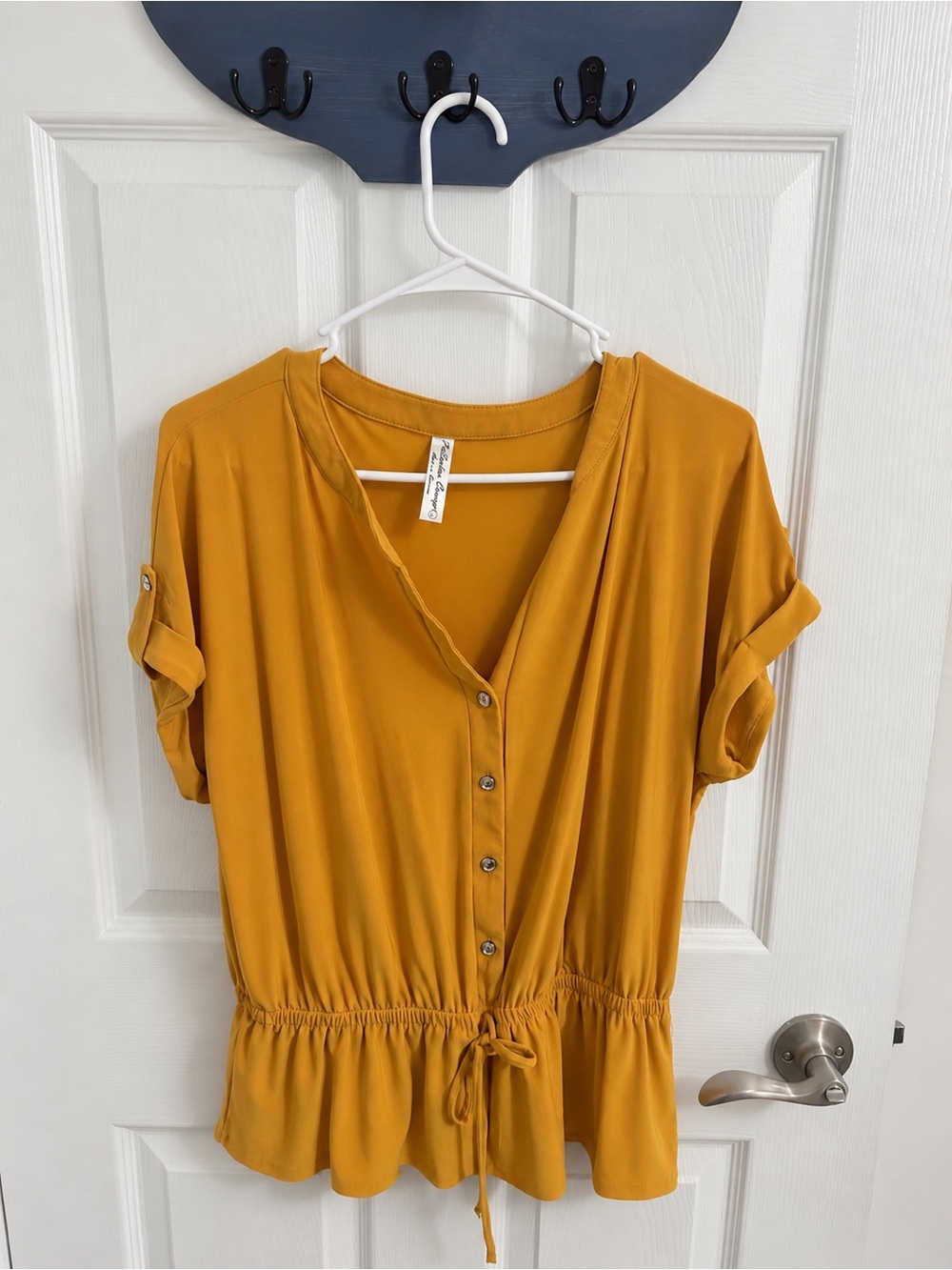 PerSeption Concept Mustard Button-Front Drawstring Peplum Top